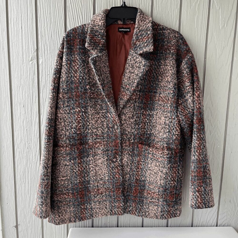 Love Wednesday Fuzzy Plaid Boxy Coat Boutique FAIRE Brand SZ M